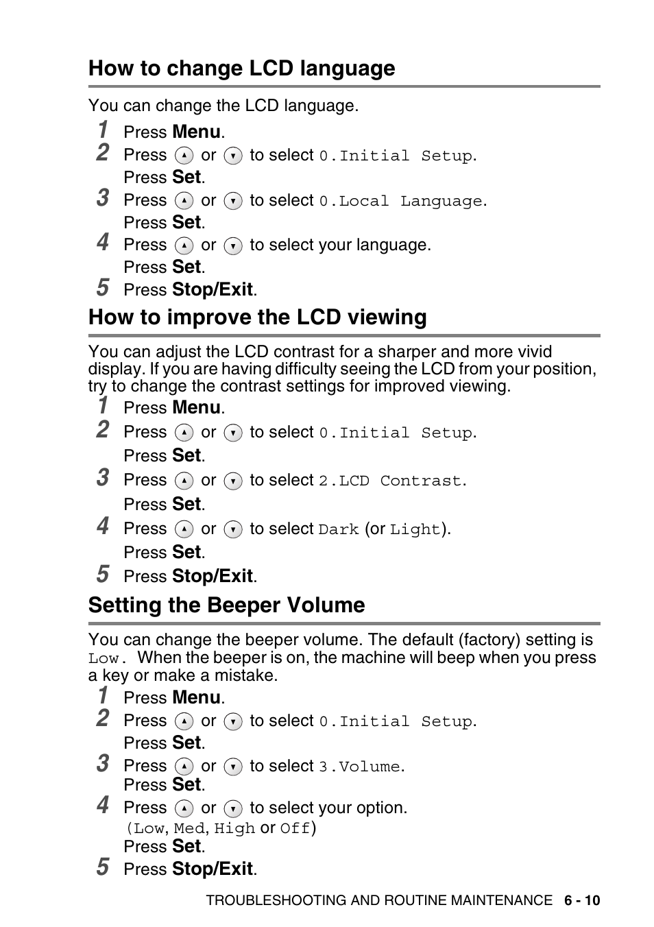 How to change lcd language, How to improve the lcd viewing, Setting the beeper volume | Brother DCP-115C User Manual | Page 75 / 109