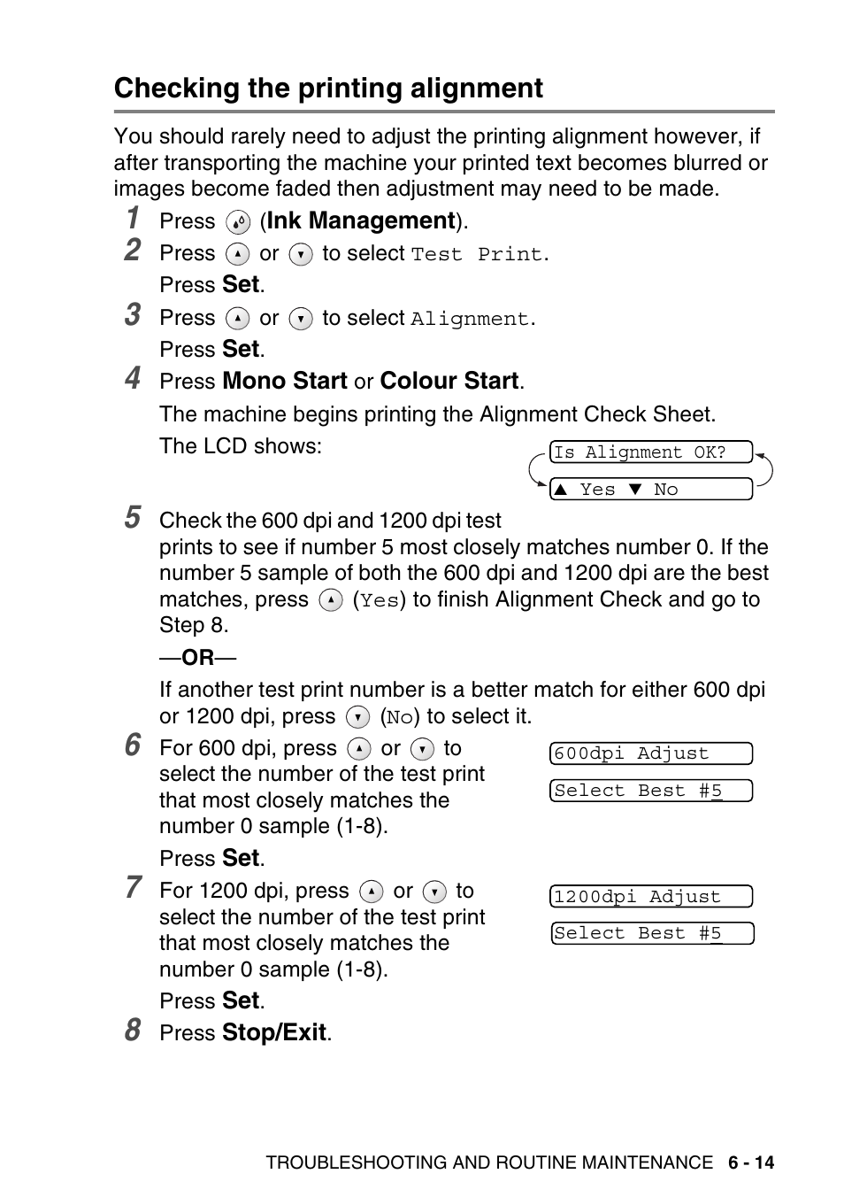 Checking the printing alignment, Checking the printing alignment -14 | Brother DCP-115C User Manual | Page 79 / 109
