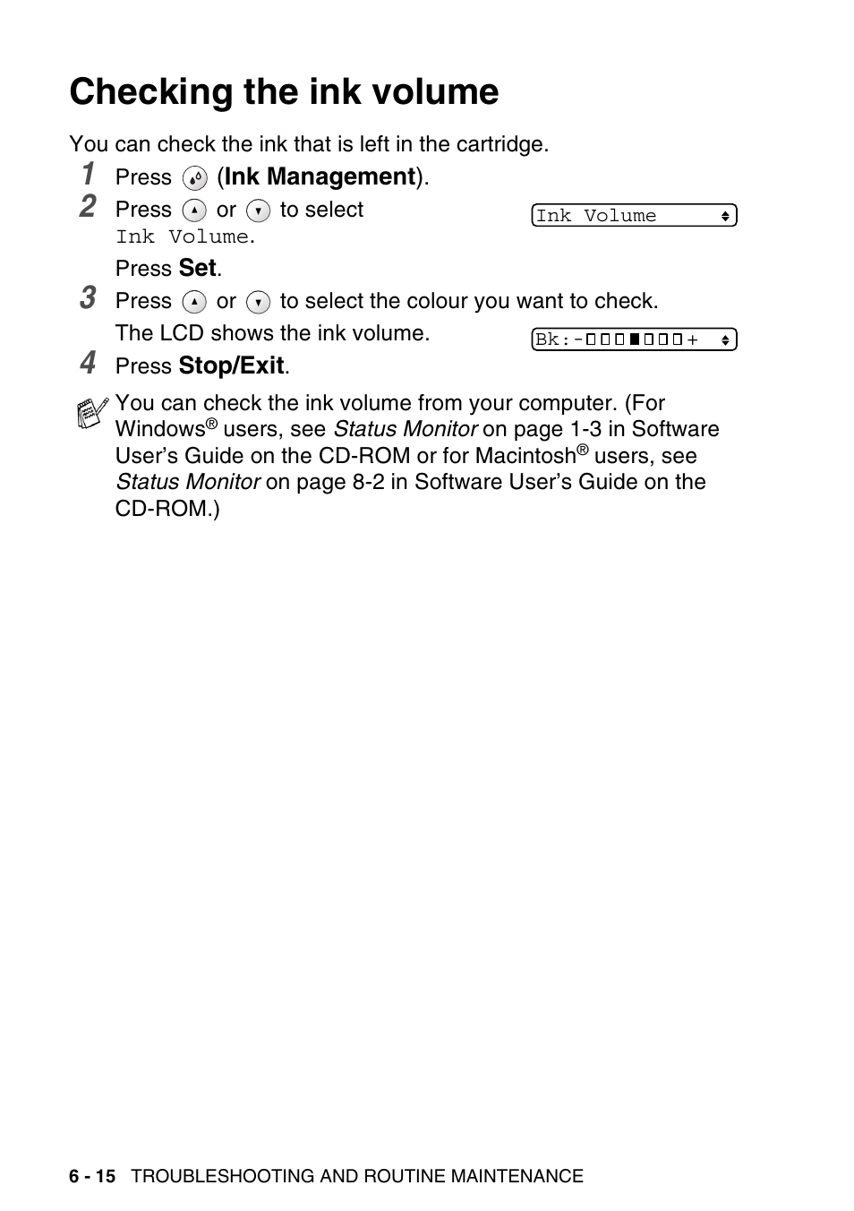 Checking the ink volume, Checking the ink volume -15 | Brother DCP-115C User Manual | Page 80 / 109
