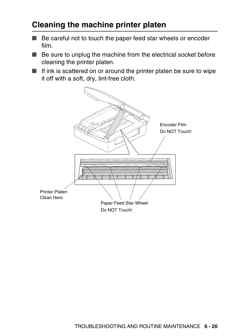 Cleaning the machine printer platen, Cleaning the machine printer platen -20 | Brother DCP-115C User Manual | Page 85 / 109