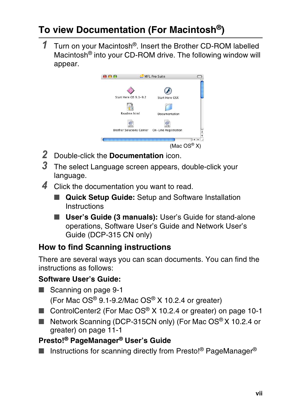 To view documentation (for macintosh®), How to find scanning instructions | Brother DCP-115C User Manual | Page 9 / 109