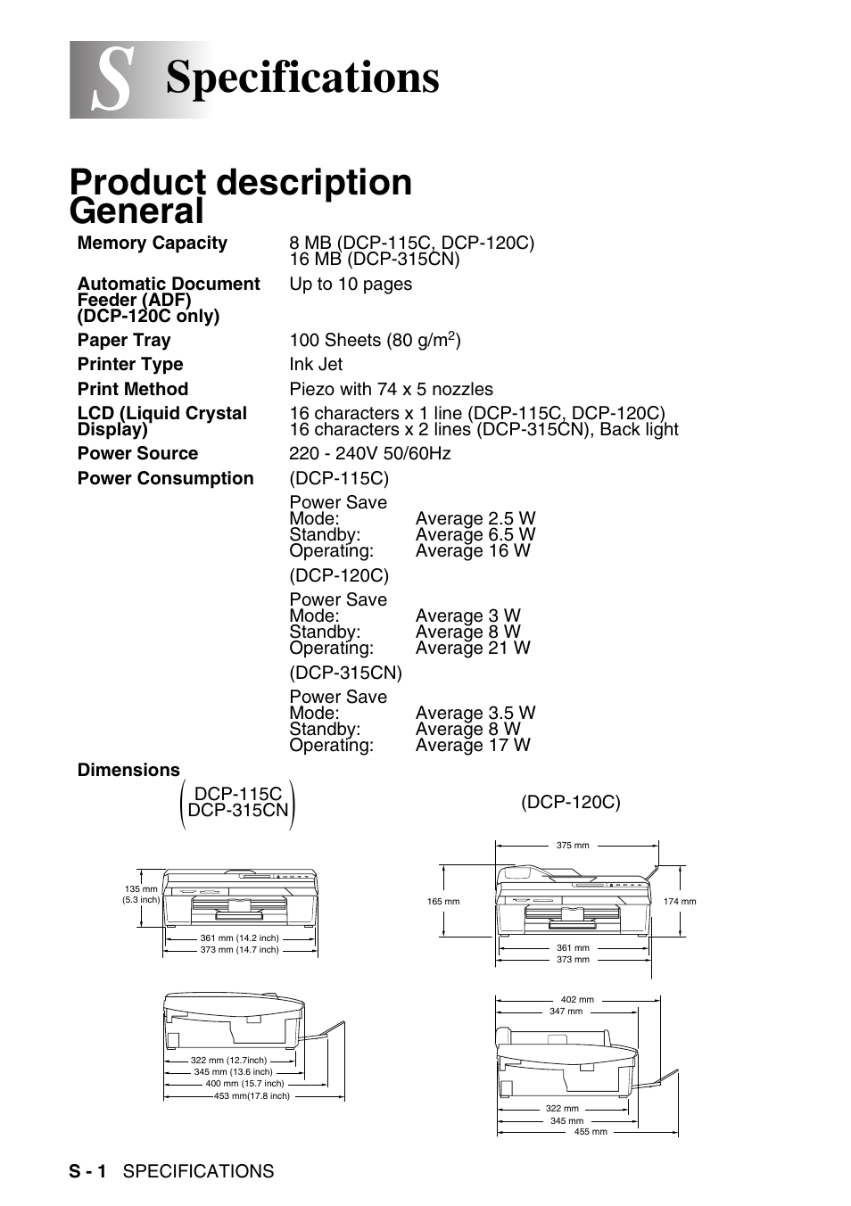 Specifications, Product description, General | Product description general | Brother DCP-115C User Manual | Page 98 / 109