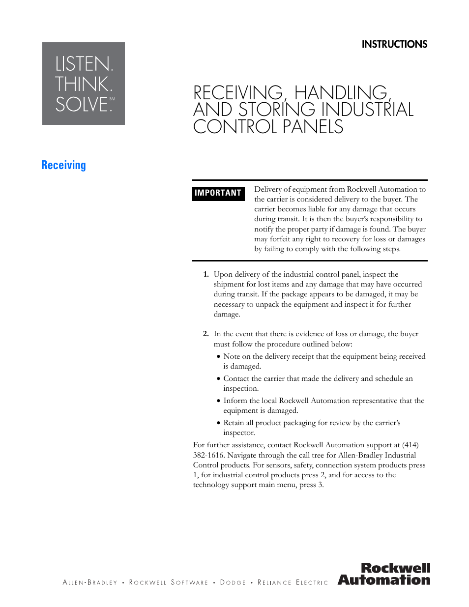 Rockwell Automation Receiving, Handling, and Storing Industrial Control Panels User Manual | 9 pages