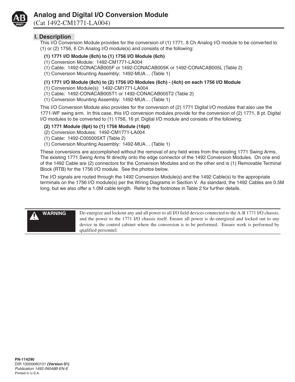 Rockwell Automation 1492-CM1771-LA004 Analog & Digital I/O Conversion Module User Manual | 12 pages