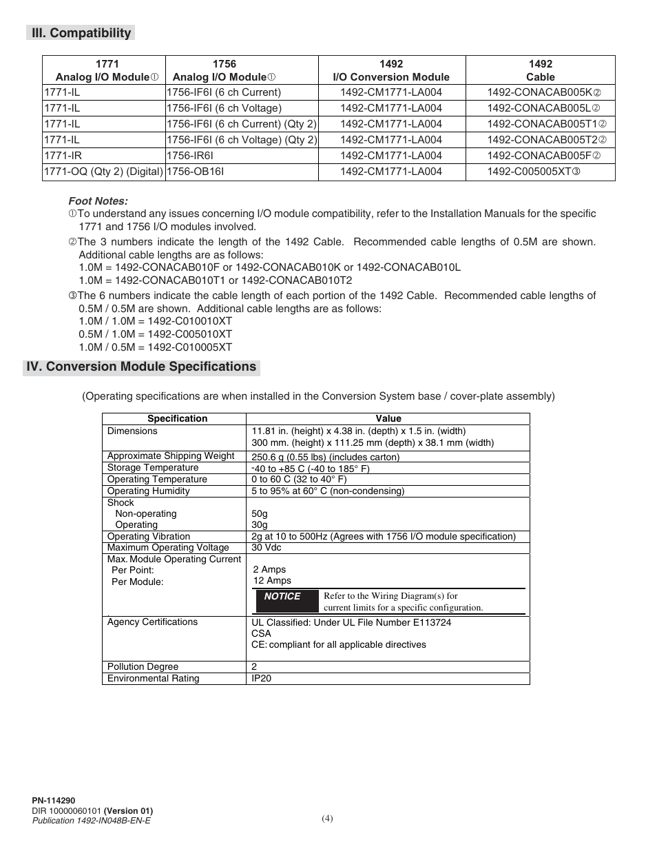 Iv. conversion module specifications, Iii. compatibility | Rockwell Automation 1492-CM1771-LA004 Analog & Digital I/O Conversion Module User Manual | Page 4 / 12