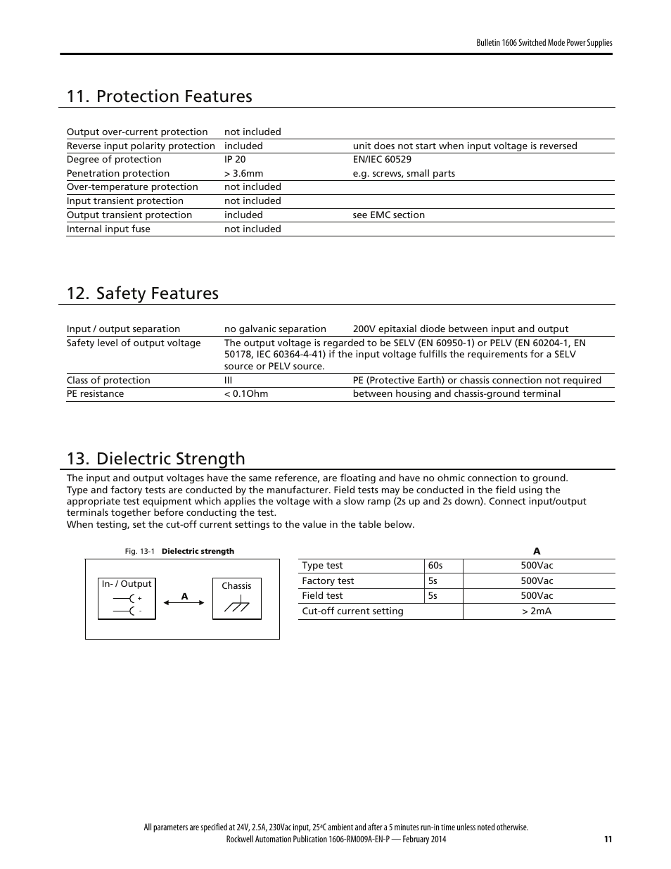Protection features, Safety features, Dielectric strength | Rockwell Automation 1606-XLSRED Power Supply Reference Manual User Manual | Page 11 / 20