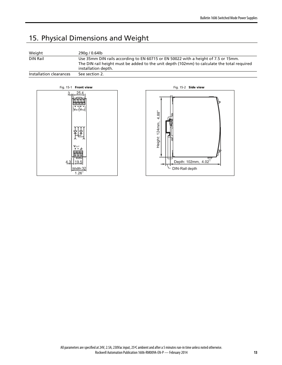 Physical dimensions and weight | Rockwell Automation 1606-XLSRED Power Supply Reference Manual User Manual | Page 13 / 20