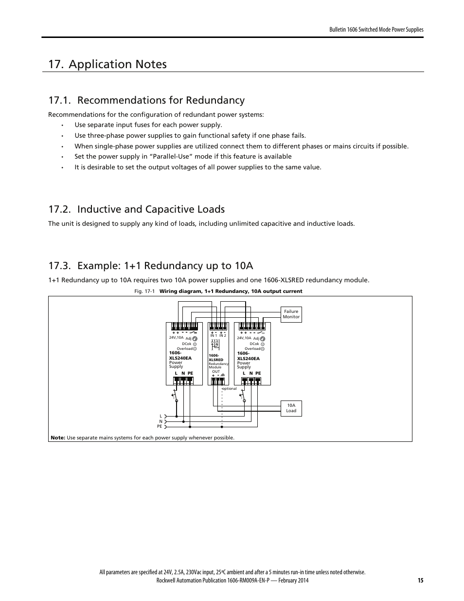 Recommendations for redundancy, Inductive and capacitive loads, Example: 1+1 redundancy up to 10a | Rockwell Automation 1606-XLSRED Power Supply Reference Manual User Manual | Page 15 / 20
