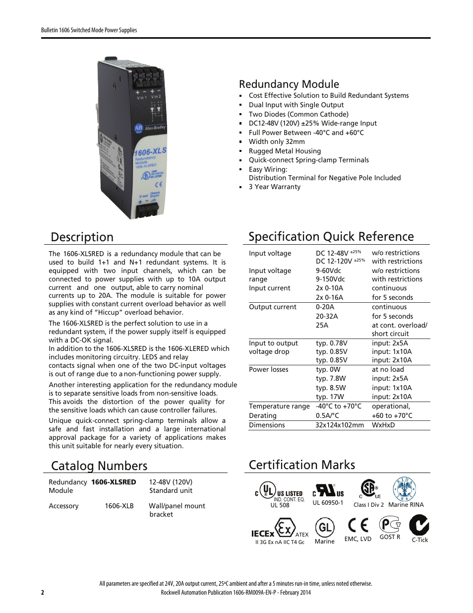 Description, Specification quick reference, Catalog numbers | Certification marks, Redundancy module | Rockwell Automation 1606-XLSRED Power Supply Reference Manual User Manual | Page 2 / 20