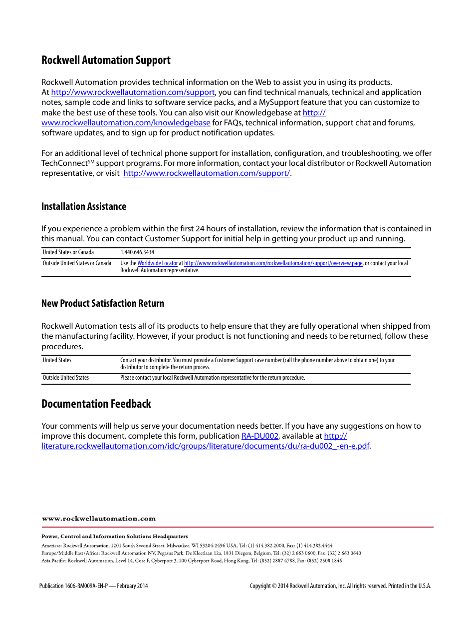 1606-rm009a back, Rockwell automation support, Documentation feedback | Installation assistance, New product satisfaction return | Rockwell Automation 1606-XLSRED Power Supply Reference Manual User Manual | Page 20 / 20