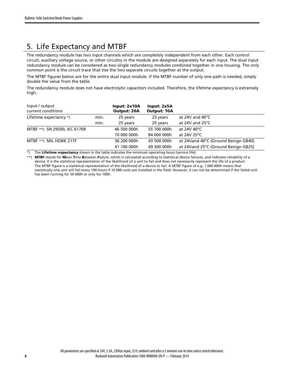 Life expectancy and mtbf | Rockwell Automation 1606-XLSRED Power Supply Reference Manual User Manual | Page 6 / 20
