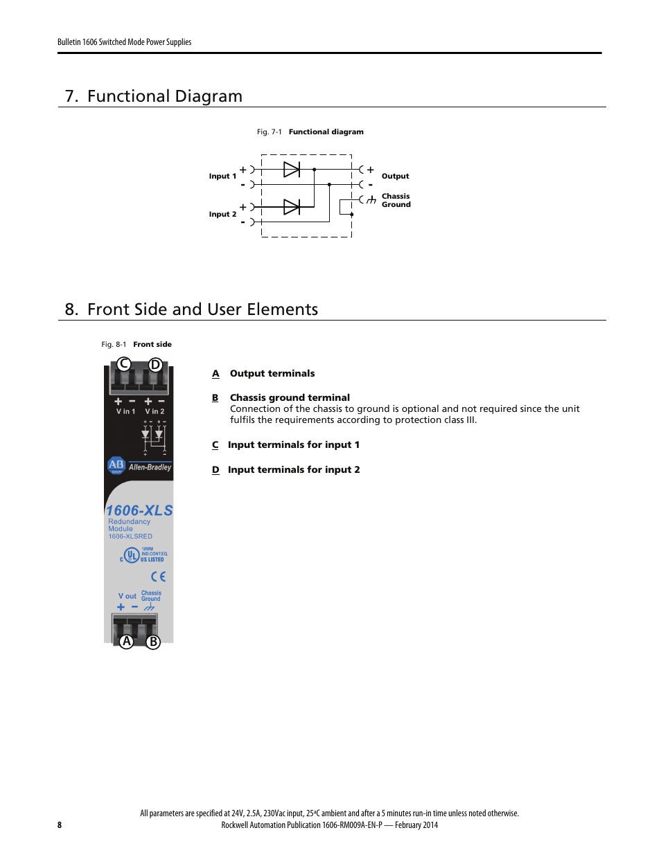 Functional diagram, Front side and user elements, Ab c d | Rockwell Automation 1606-XLSRED Power Supply Reference Manual User Manual | Page 8 / 20