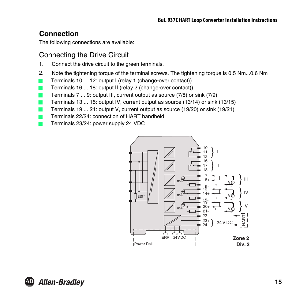 Untitled, Connection, Connecting the drive circuit | Rockwell Automation 937CU-AIHLP-DC1 HART Loop Converter Installation Instructions User Manual | Page 17 / 52