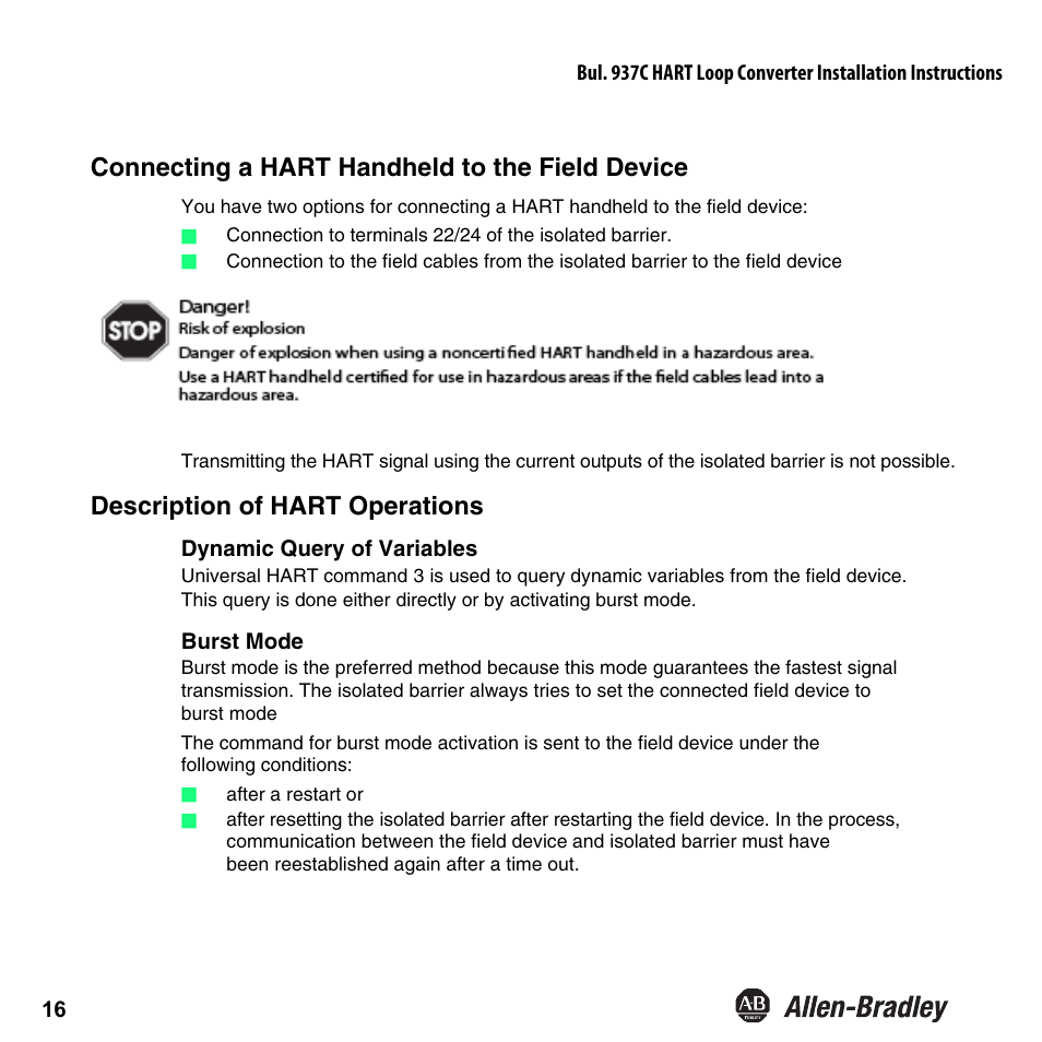 Connecting a hart handheld to the field device, Description of hart operations | Rockwell Automation 937CU-AIHLP-DC1 HART Loop Converter Installation Instructions User Manual | Page 18 / 52