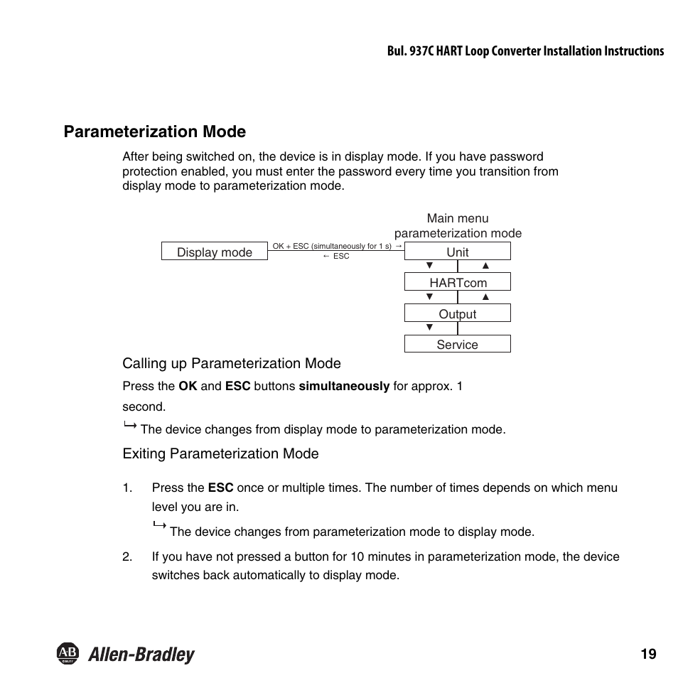 Parameterization mode | Rockwell Automation 937CU-AIHLP-DC1 HART Loop Converter Installation Instructions User Manual | Page 21 / 52