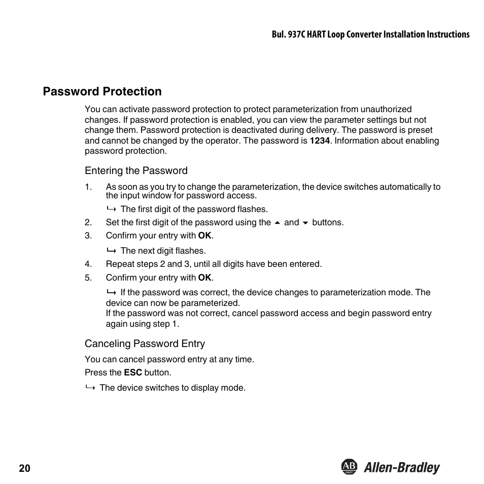 Password protection | Rockwell Automation 937CU-AIHLP-DC1 HART Loop Converter Installation Instructions User Manual | Page 22 / 52