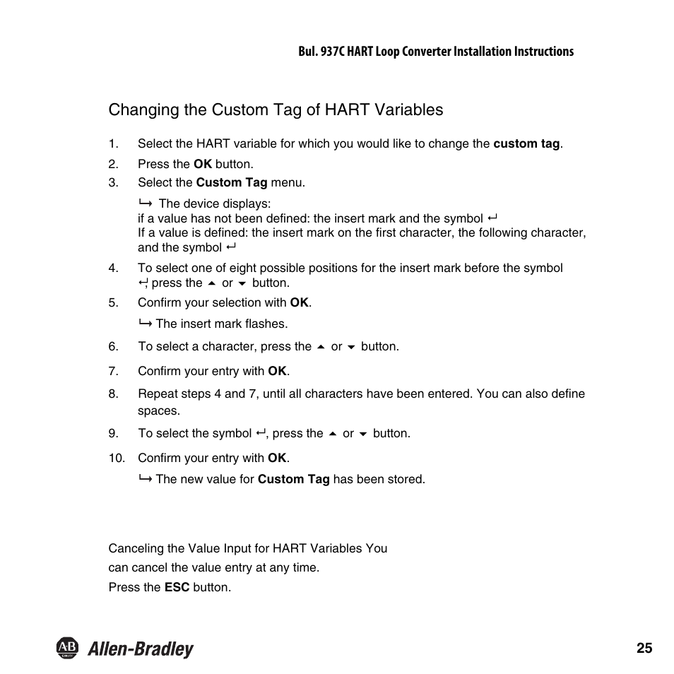 Changing the custom tag of hart variables | Rockwell Automation 937CU-AIHLP-DC1 HART Loop Converter Installation Instructions User Manual | Page 27 / 52