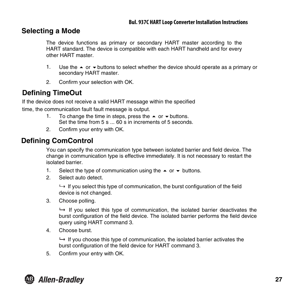 Selecting a mode, Defining timeout, Defining comcontrol | Rockwell Automation 937CU-AIHLP-DC1 HART Loop Converter Installation Instructions User Manual | Page 29 / 52