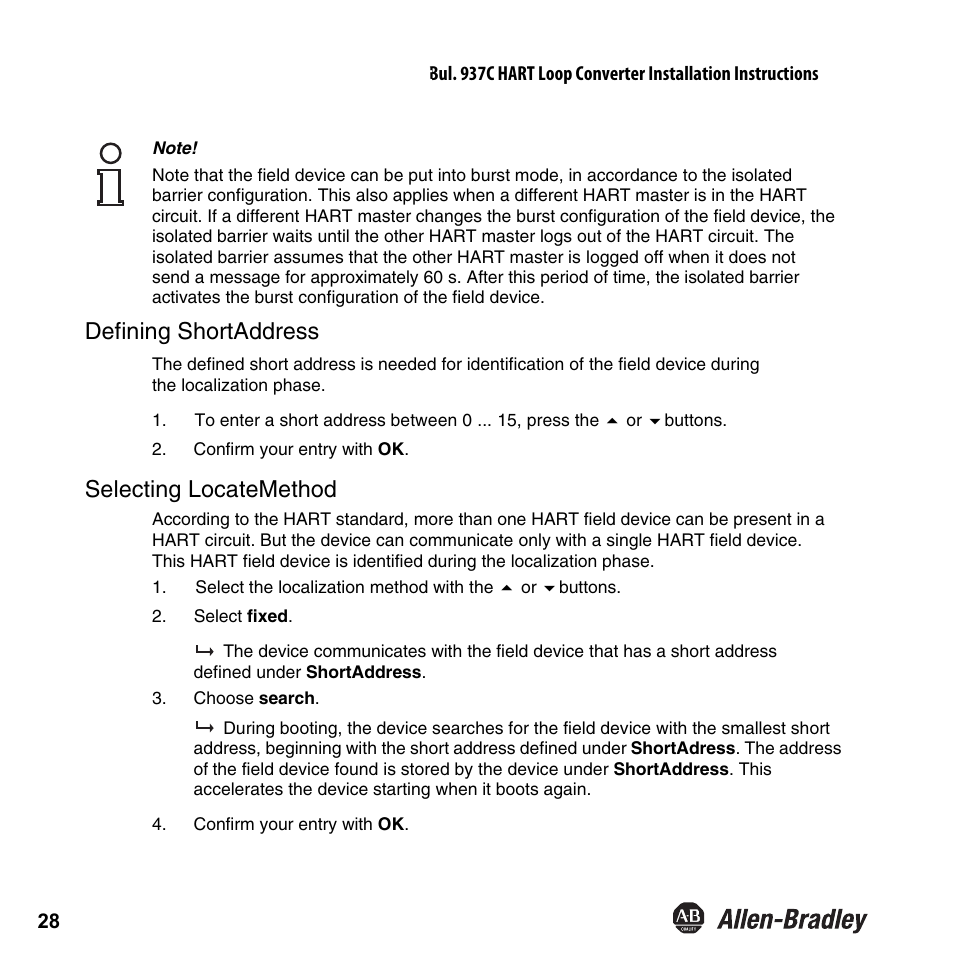 Defining shortaddress, Selecting locatemethod | Rockwell Automation 937CU-AIHLP-DC1 HART Loop Converter Installation Instructions User Manual | Page 30 / 52