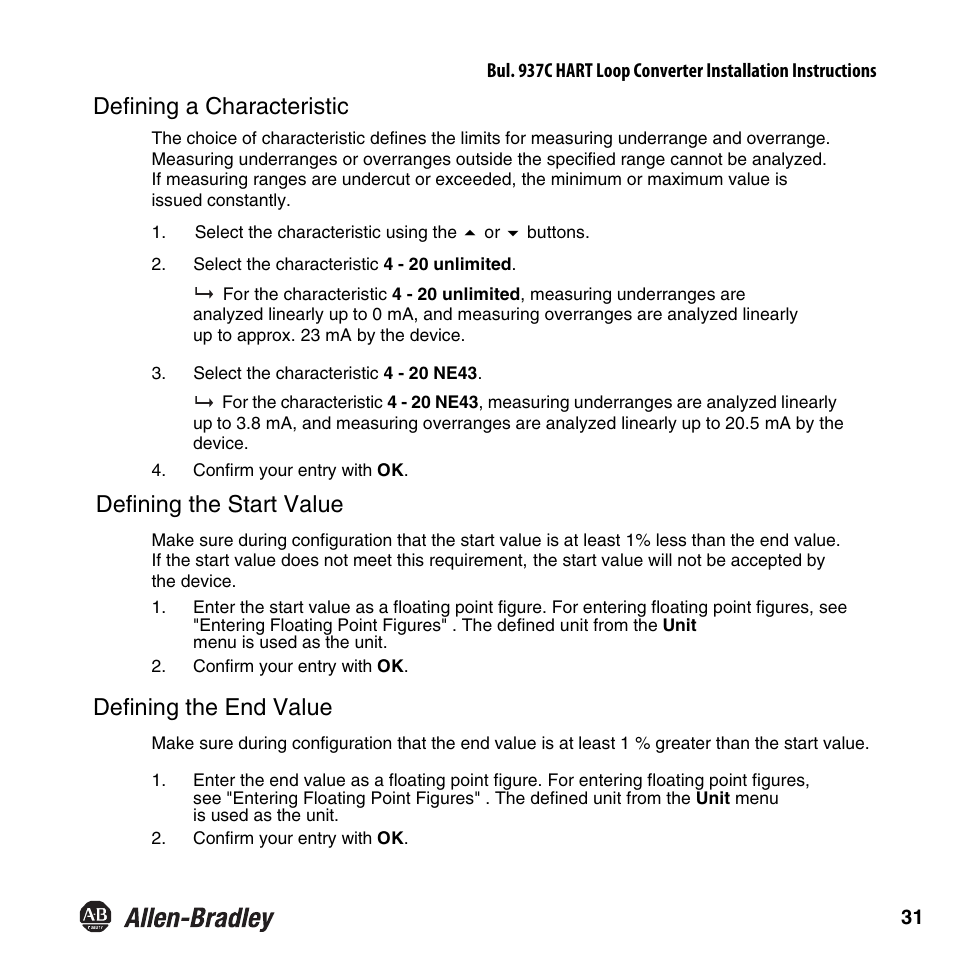 Defining a characteristic, Defining the start value, Defining the end value | Rockwell Automation 937CU-AIHLP-DC1 HART Loop Converter Installation Instructions User Manual | Page 33 / 52