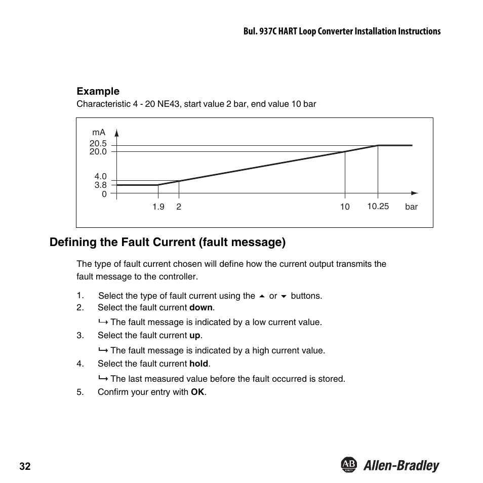 Defining the fault current (fault message) | Rockwell Automation 937CU-AIHLP-DC1 HART Loop Converter Installation Instructions User Manual | Page 34 / 52