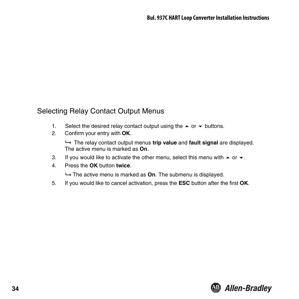 Selecting relay contact output menus | Rockwell Automation 937CU-AIHLP-DC1 HART Loop Converter Installation Instructions User Manual | Page 36 / 52