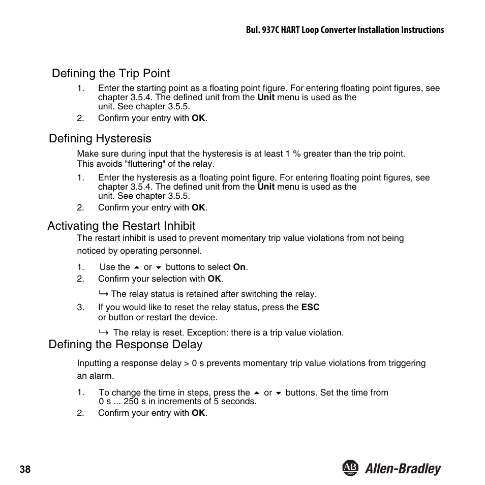 Defining the trip point, Defining hysteresis, Activating the restart inhibit | Defining the response delay | Rockwell Automation 937CU-AIHLP-DC1 HART Loop Converter Installation Instructions User Manual | Page 40 / 52