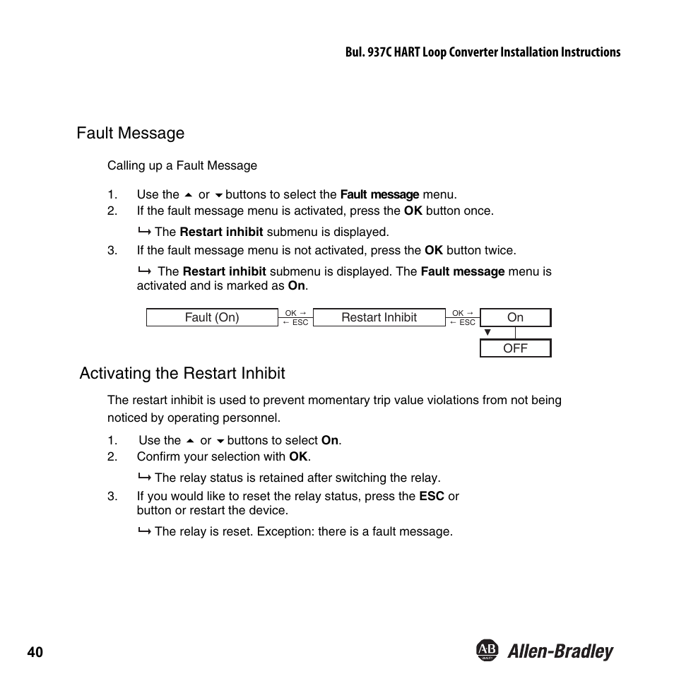 Fault message activating the restart inhibit | Rockwell Automation 937CU-AIHLP-DC1 HART Loop Converter Installation Instructions User Manual | Page 42 / 52