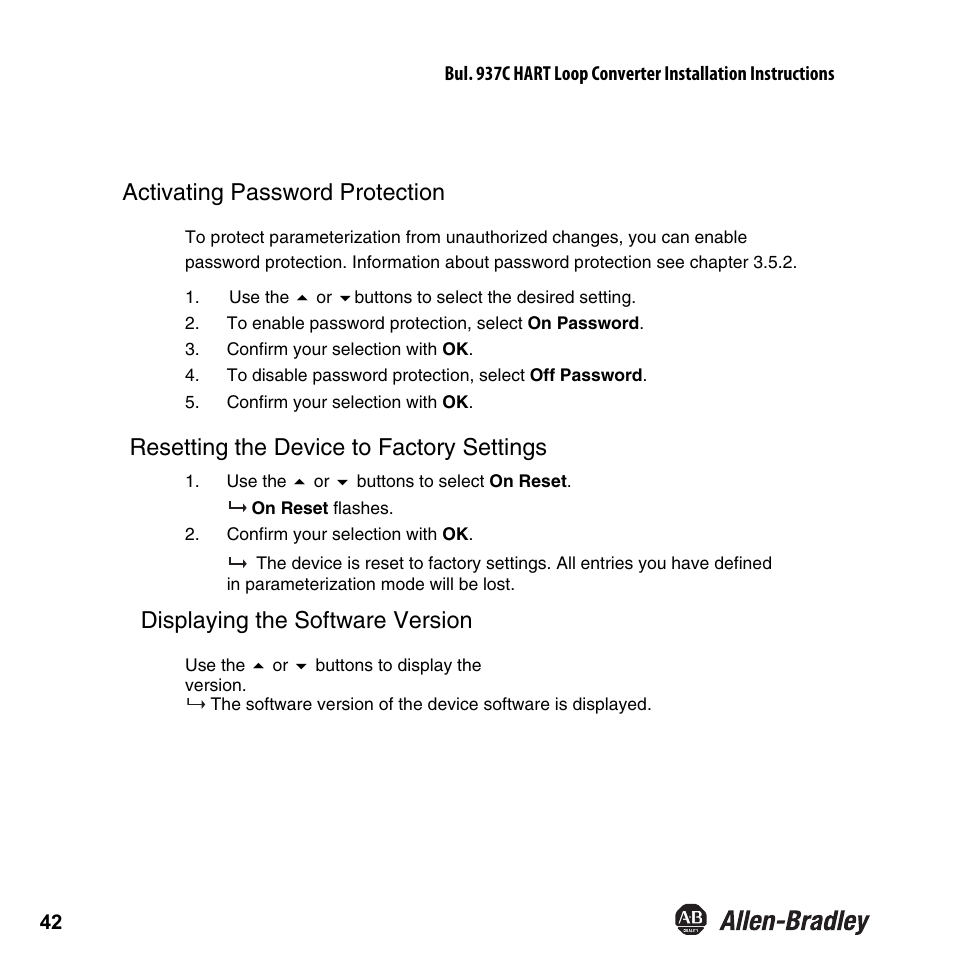 Resetting the device to factory settings | Rockwell Automation 937CU-AIHLP-DC1 HART Loop Converter Installation Instructions User Manual | Page 44 / 52