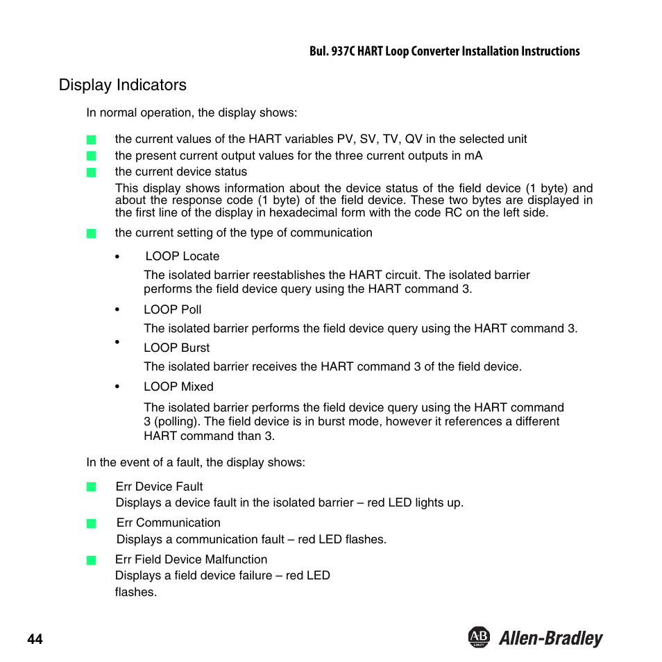 Display indicators | Rockwell Automation 937CU-AIHLP-DC1 HART Loop Converter Installation Instructions User Manual | Page 46 / 52