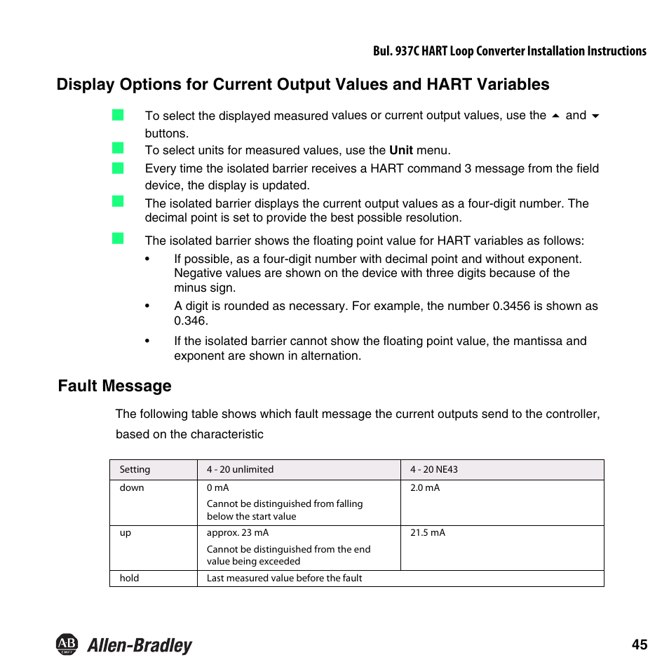 Fault message | Rockwell Automation 937CU-AIHLP-DC1 HART Loop Converter Installation Instructions User Manual | Page 47 / 52