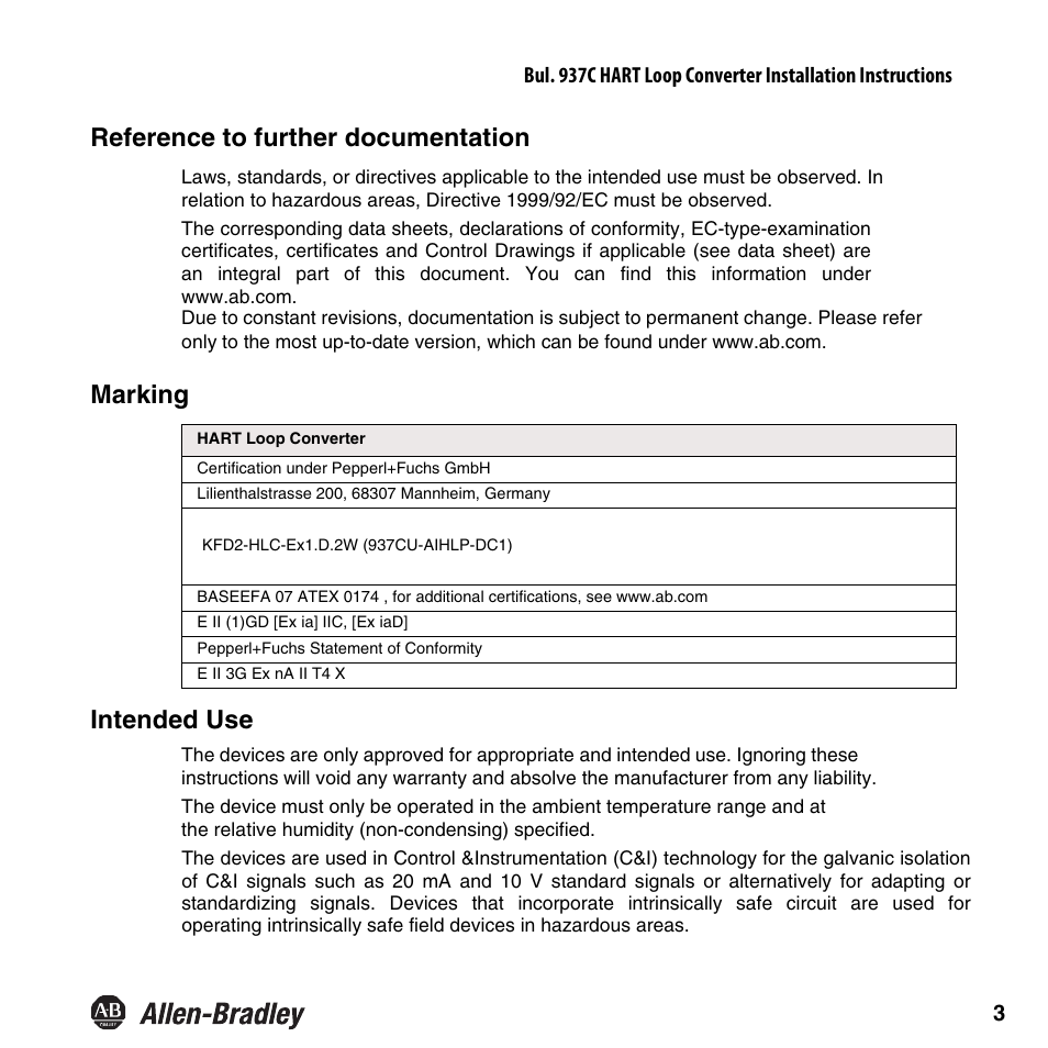 Reference to further documentation, Marking intended use | Rockwell Automation 937CU-AIHLP-DC1 HART Loop Converter Installation Instructions User Manual | Page 5 / 52