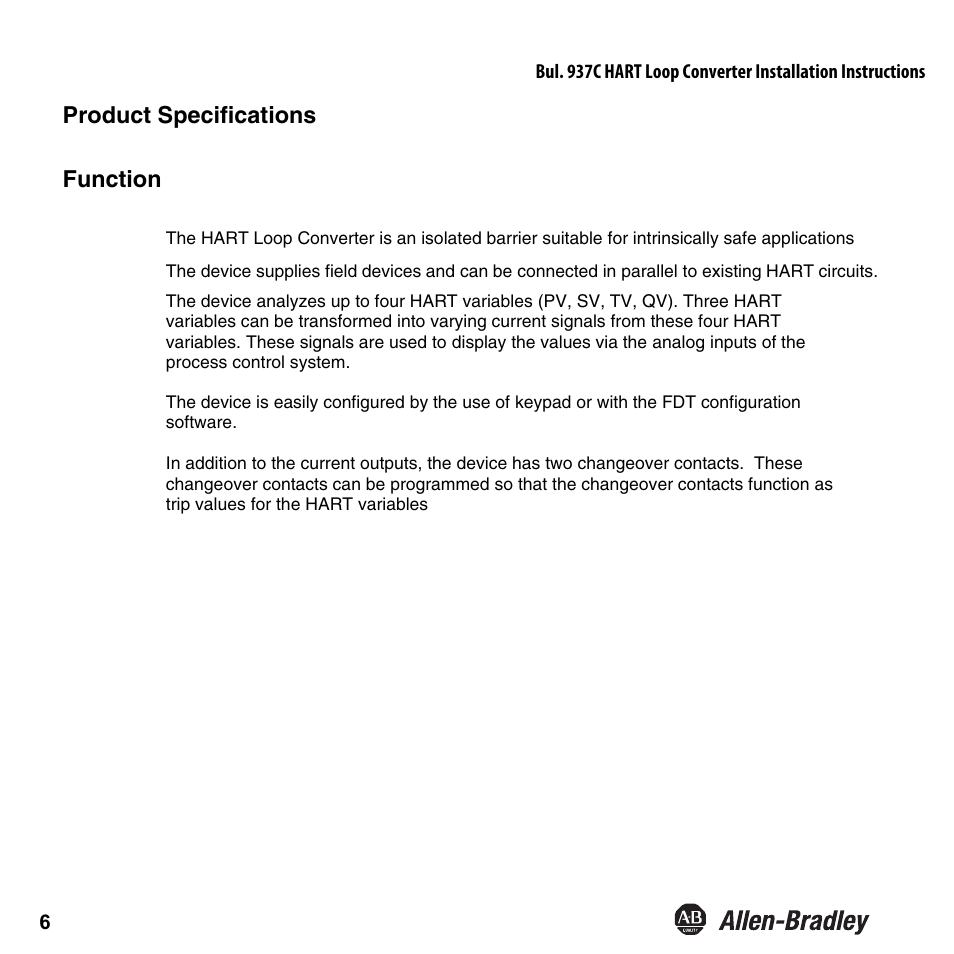 Product specifications function | Rockwell Automation 937CU-AIHLP-DC1 HART Loop Converter Installation Instructions User Manual | Page 8 / 52