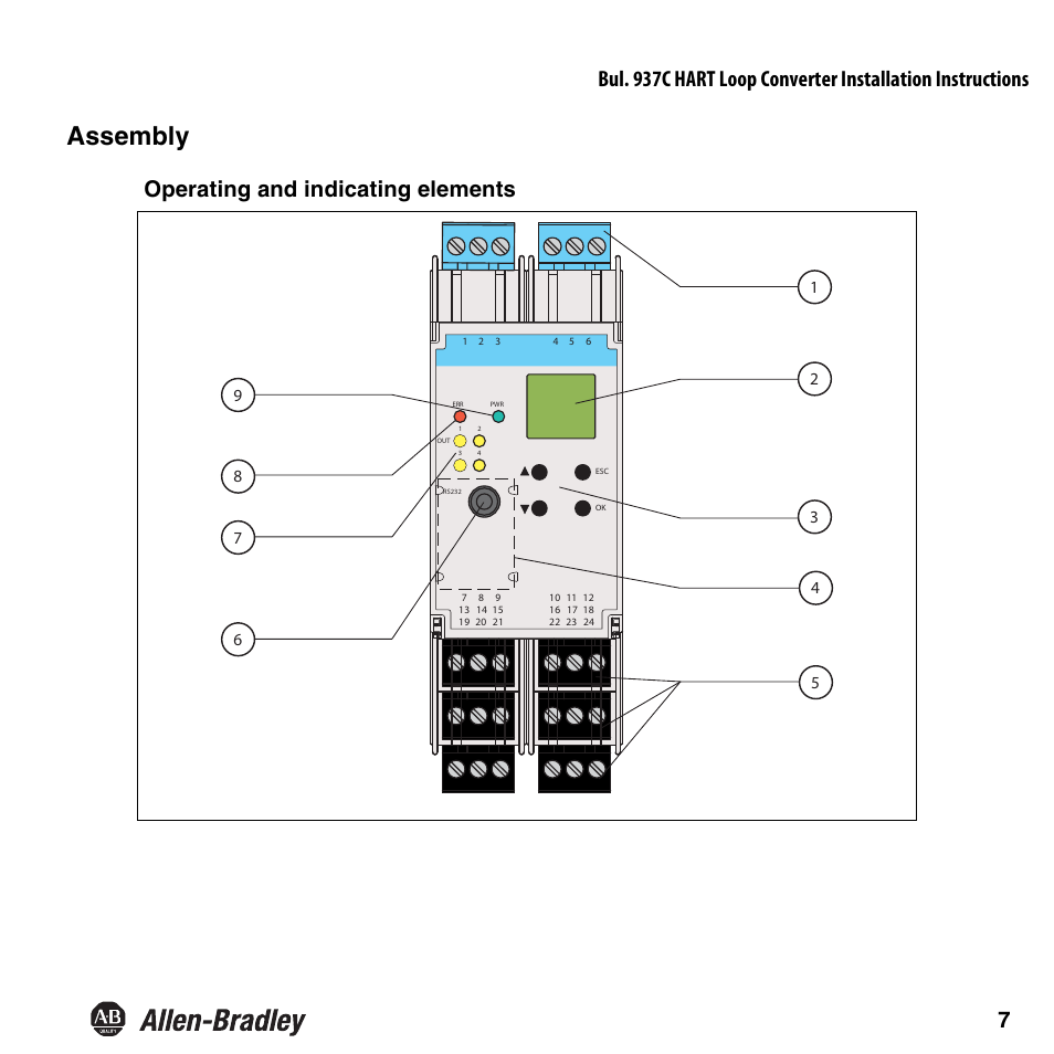 Product specifications assembly, Operating and indicating elements | Rockwell Automation 937CU-AIHLP-DC1 HART Loop Converter Installation Instructions User Manual | Page 9 / 52