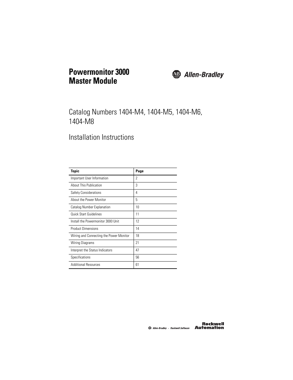 Rockwell Automation 1404-M4_M5_M6_M8 Powermonitor 3000 Master Module Installation Instructions User Manual | 64 pages