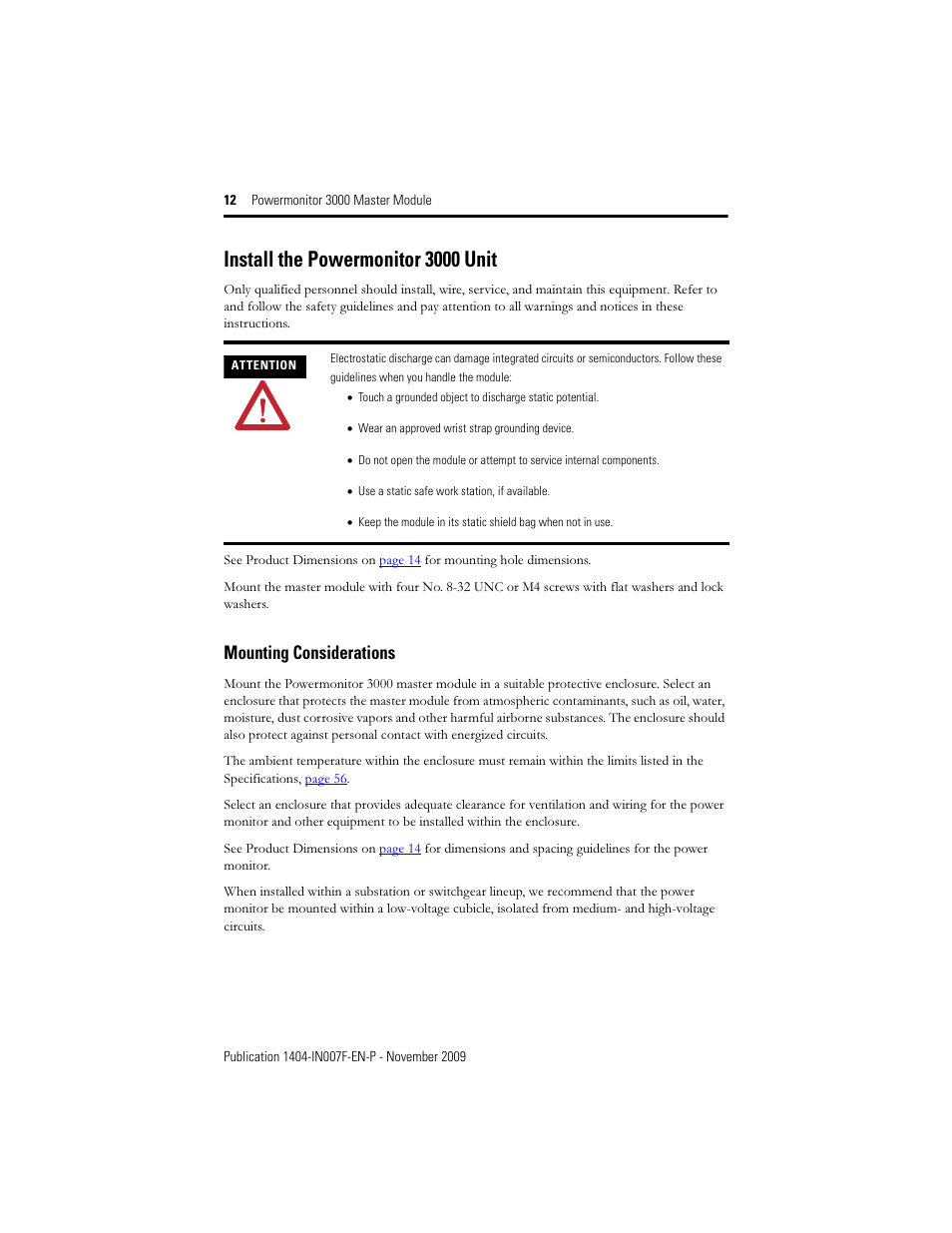Install the powermonitor 3000 unit, Mounting considerations | Rockwell Automation 1404-M4_M5_M6_M8 Powermonitor 3000 Master Module Installation Instructions User Manual | Page 12 / 64
