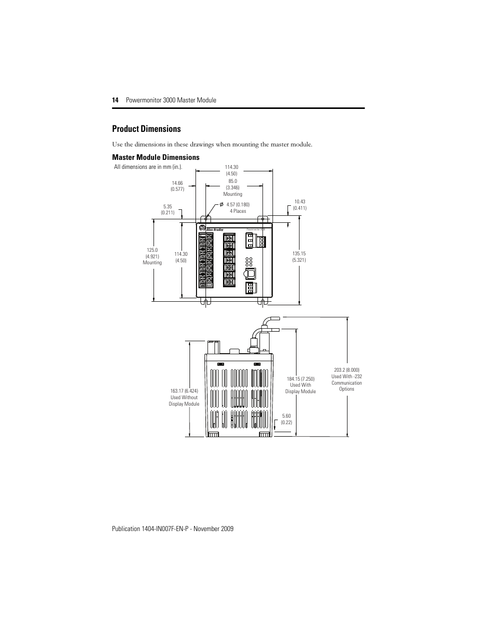 Product dimensions, See product dimensions o, Master module dimensions | Rockwell Automation 1404-M4_M5_M6_M8 Powermonitor 3000 Master Module Installation Instructions User Manual | Page 14 / 64
