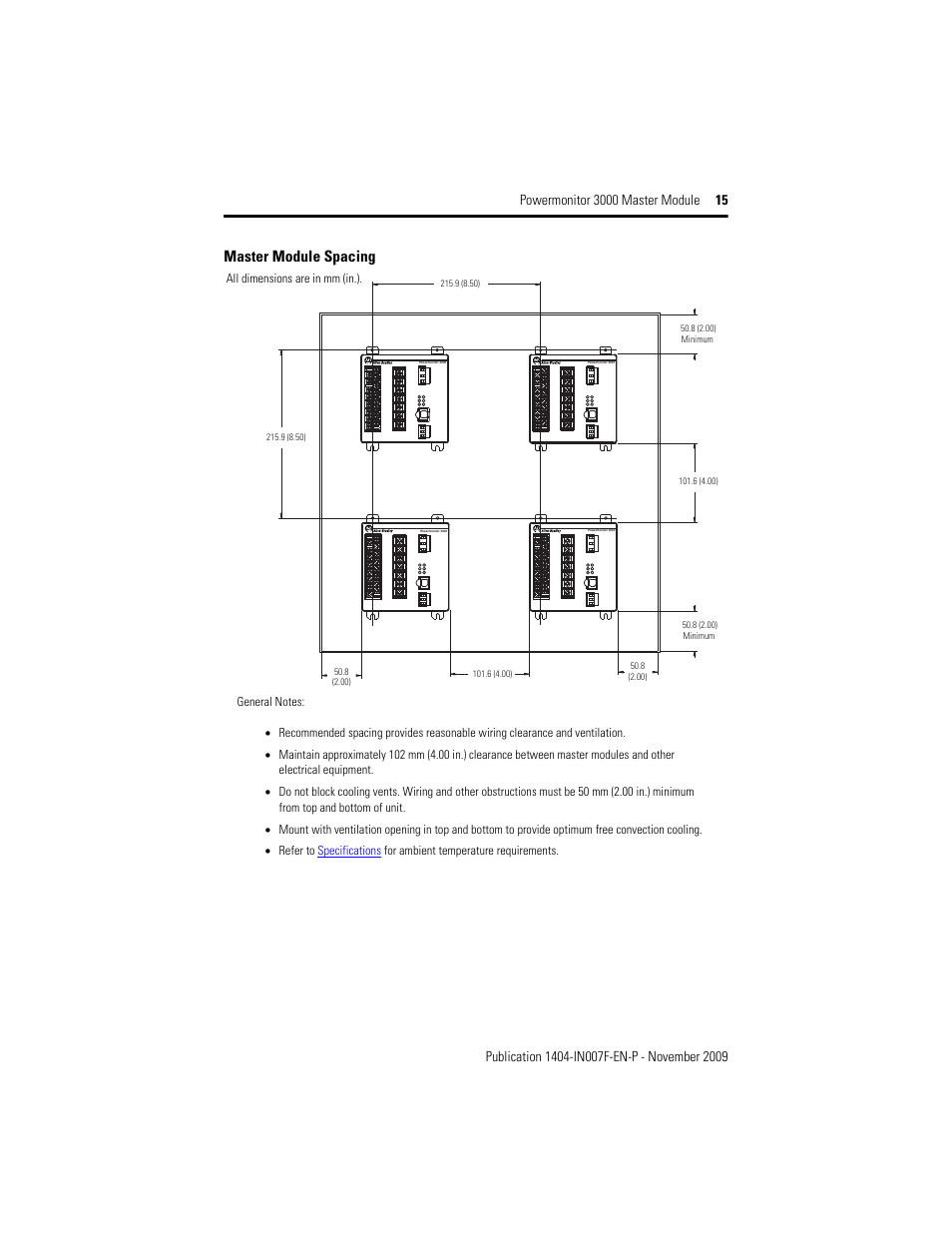 Master module spacing | Rockwell Automation 1404-M4_M5_M6_M8 Powermonitor 3000 Master Module Installation Instructions User Manual | Page 15 / 64