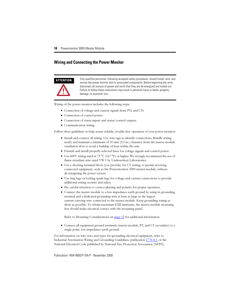 Wiring and connecting the power monitor | Rockwell Automation 1404-M4_M5_M6_M8 Powermonitor 3000 Master Module Installation Instructions User Manual | Page 18 / 64