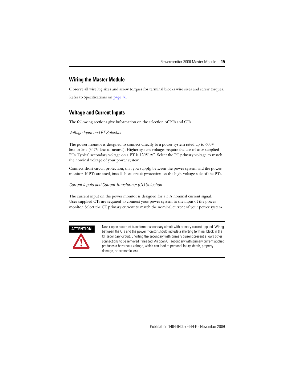 Wiring the master module, Voltage and current inputs | Rockwell Automation 1404-M4_M5_M6_M8 Powermonitor 3000 Master Module Installation Instructions User Manual | Page 19 / 64