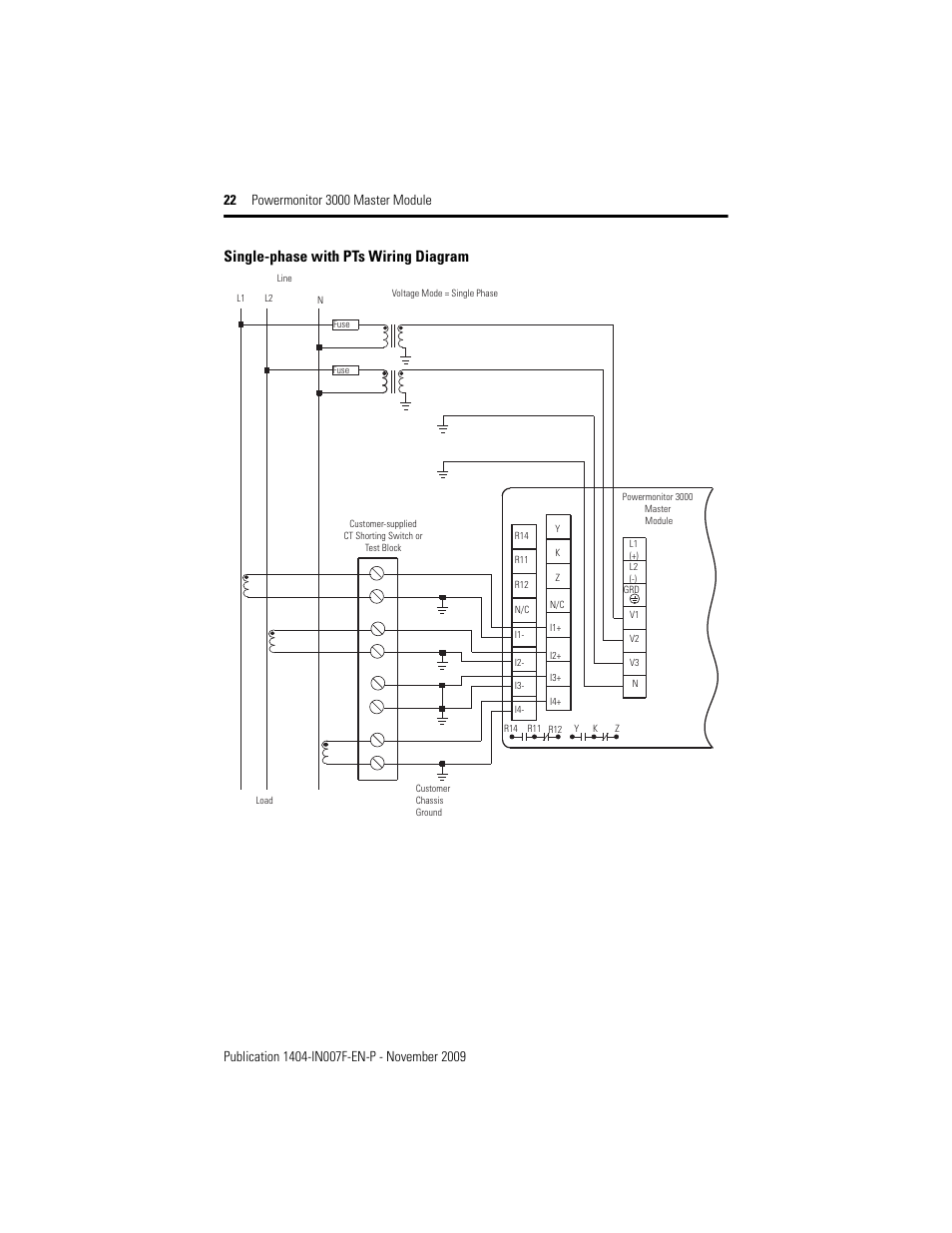 Single-phase with pts wiring diagram | Rockwell Automation 1404-M4_M5_M6_M8 Powermonitor 3000 Master Module Installation Instructions User Manual | Page 22 / 64