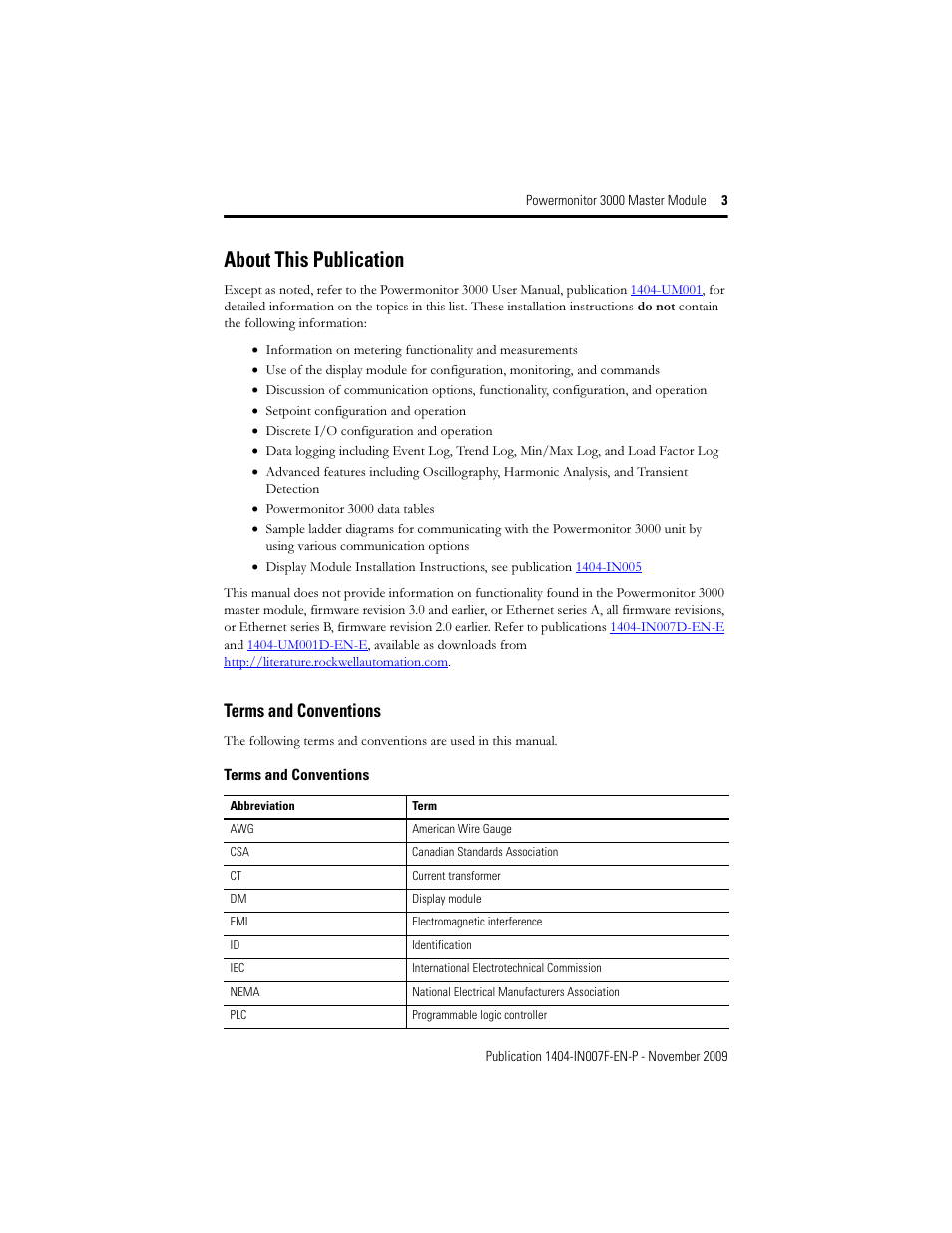 About this publication, Terms and conventions | Rockwell Automation 1404-M4_M5_M6_M8 Powermonitor 3000 Master Module Installation Instructions User Manual | Page 3 / 64
