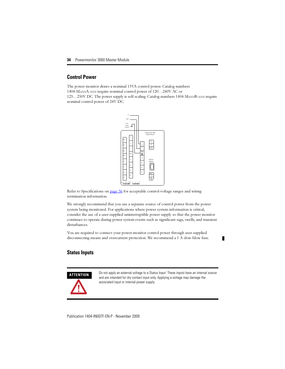 Control power, Status inputs | Rockwell Automation 1404-M4_M5_M6_M8 Powermonitor 3000 Master Module Installation Instructions User Manual | Page 34 / 64