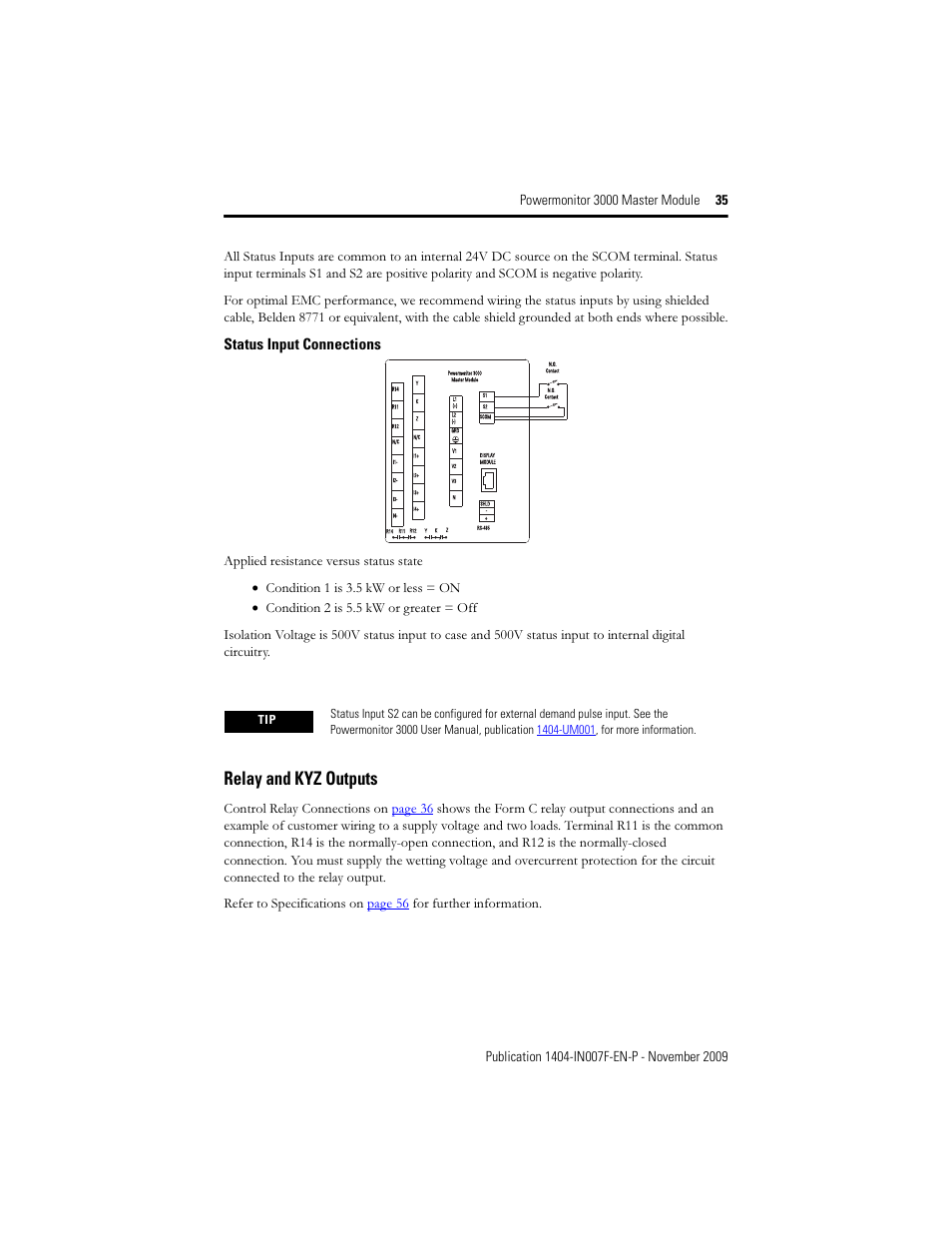 Relay and kyz outputs, Status input connections | Rockwell Automation 1404-M4_M5_M6_M8 Powermonitor 3000 Master Module Installation Instructions User Manual | Page 35 / 64