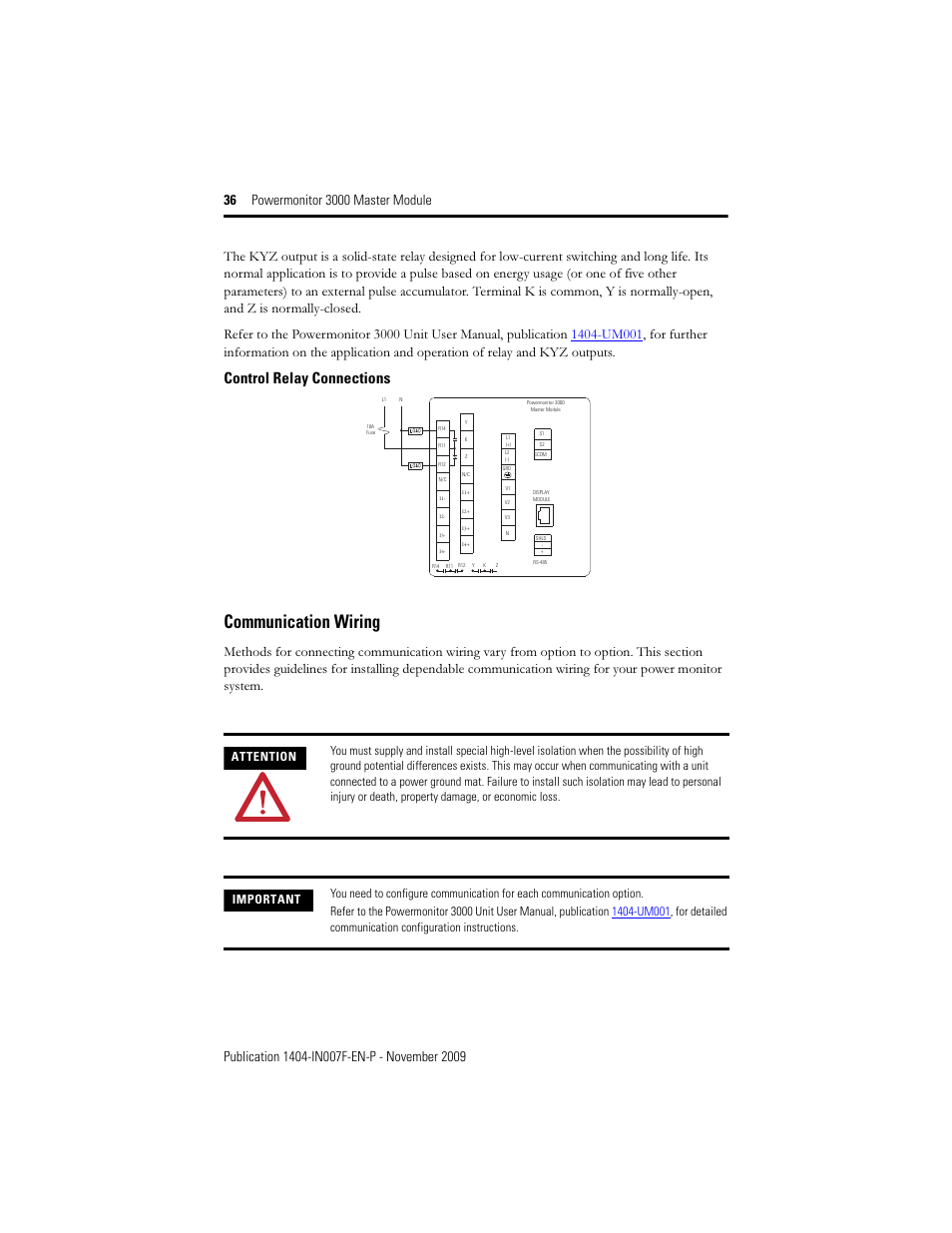 Communication wiring, Control relay connections o, Control relay connections | Rockwell Automation 1404-M4_M5_M6_M8 Powermonitor 3000 Master Module Installation Instructions User Manual | Page 36 / 64