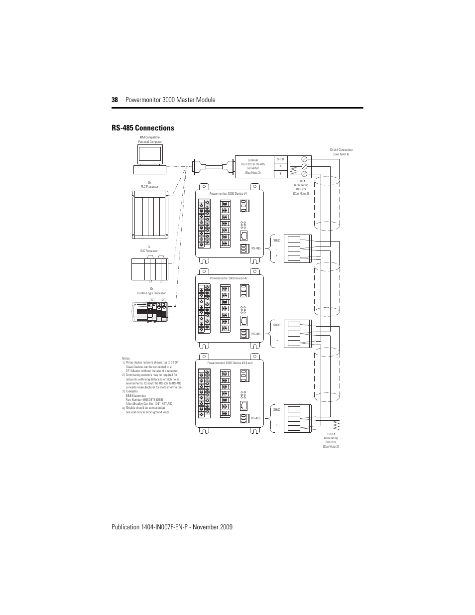 Rs-485 connections | Rockwell Automation 1404-M4_M5_M6_M8 Powermonitor 3000 Master Module Installation Instructions User Manual | Page 38 / 64