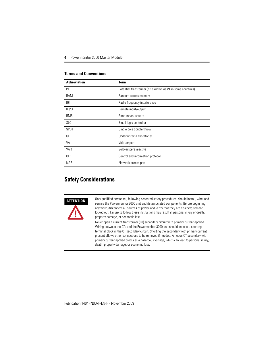 Safety considerations | Rockwell Automation 1404-M4_M5_M6_M8 Powermonitor 3000 Master Module Installation Instructions User Manual | Page 4 / 64