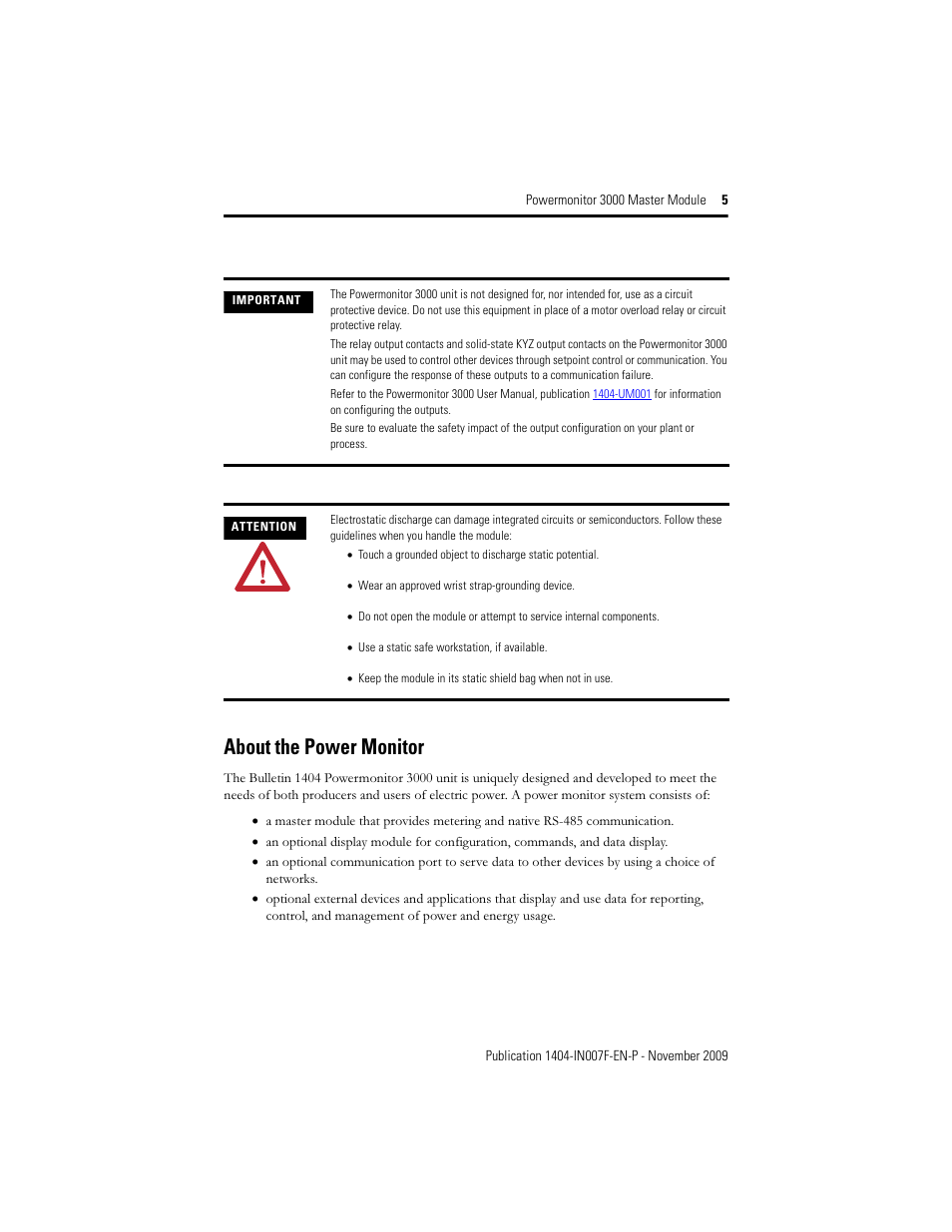 About the power monitor | Rockwell Automation 1404-M4_M5_M6_M8 Powermonitor 3000 Master Module Installation Instructions User Manual | Page 5 / 64