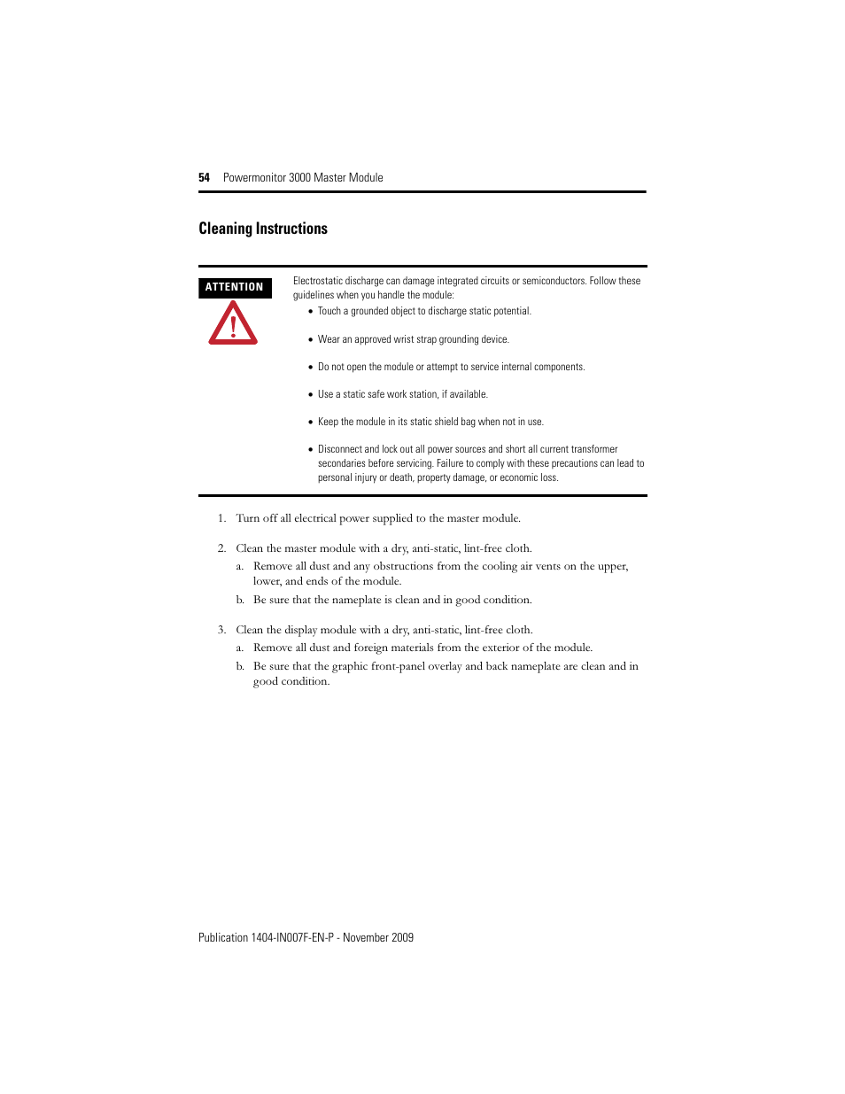 Cleaning instructions | Rockwell Automation 1404-M4_M5_M6_M8 Powermonitor 3000 Master Module Installation Instructions User Manual | Page 54 / 64