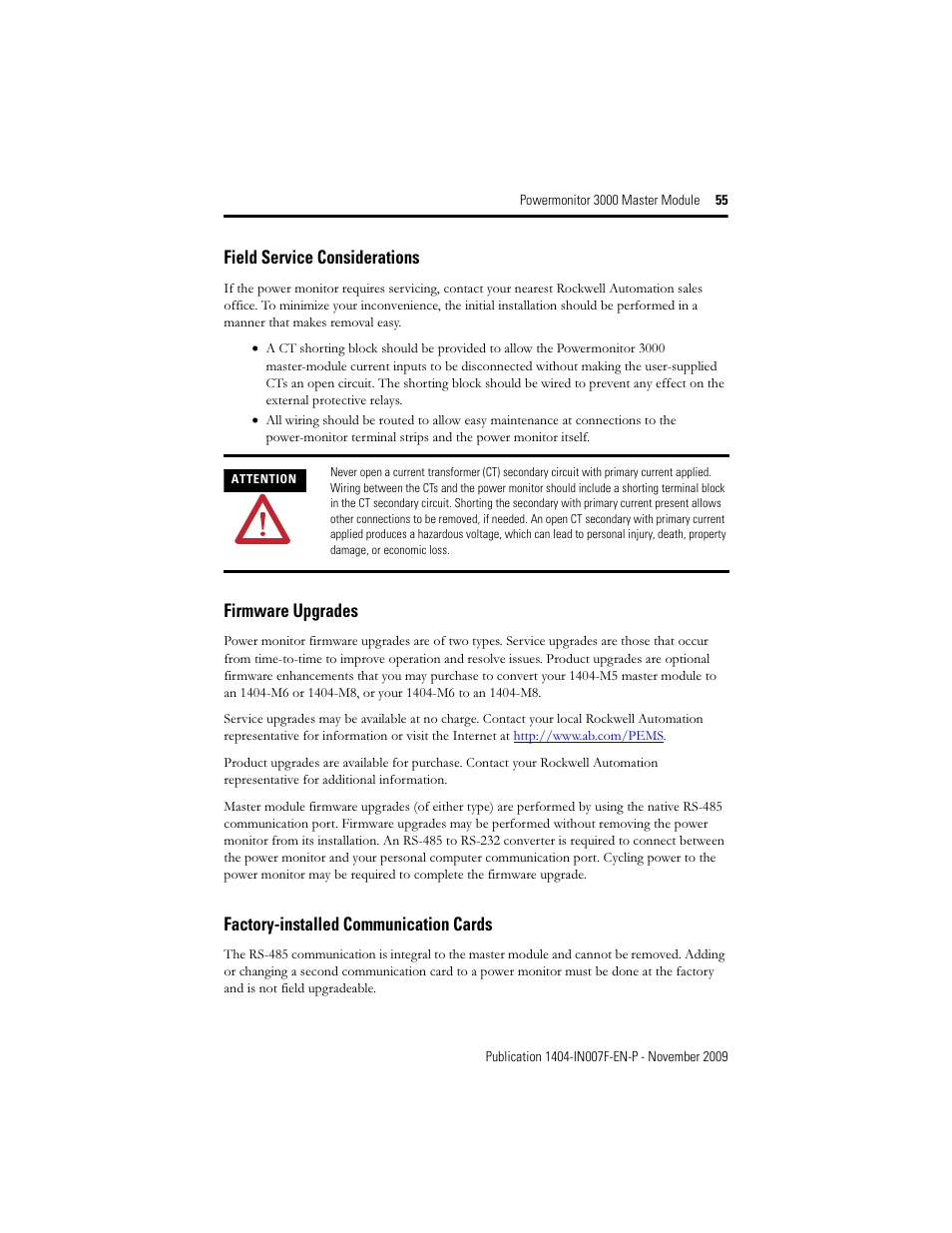 Field service considerations, Firmware upgrades, Factory-installed communication cards | Rockwell Automation 1404-M4_M5_M6_M8 Powermonitor 3000 Master Module Installation Instructions User Manual | Page 55 / 64